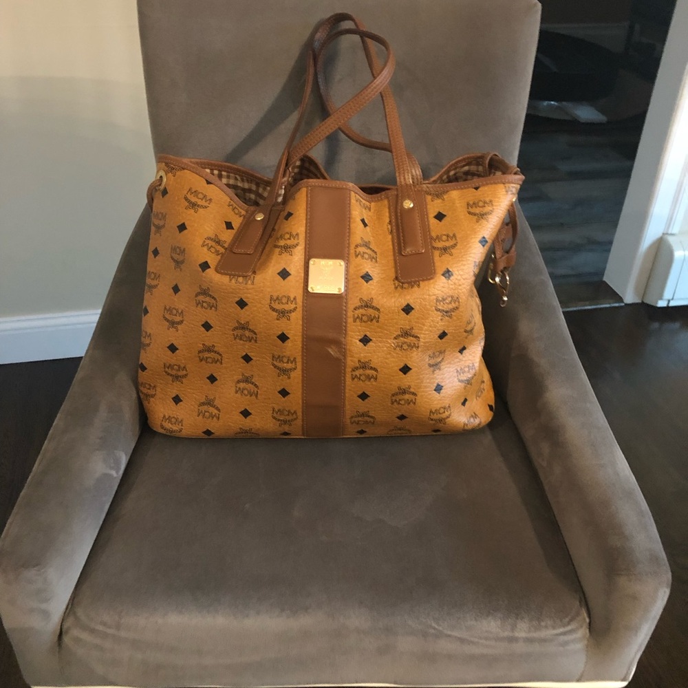 MCM Cognac Brown Logo Canvas Tote